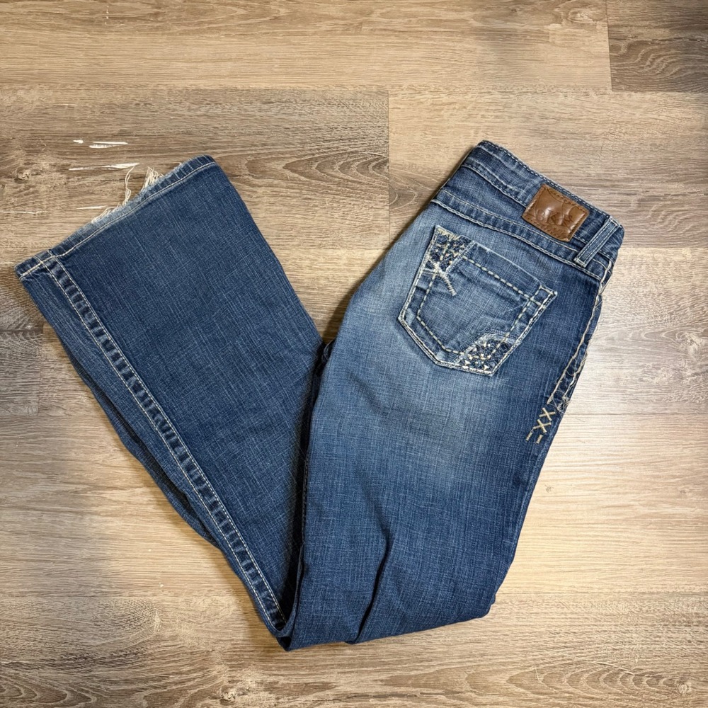BKE Sabrina Bootcut Jeans Medium Wash Distressed Embellished 28x31.5 Womens